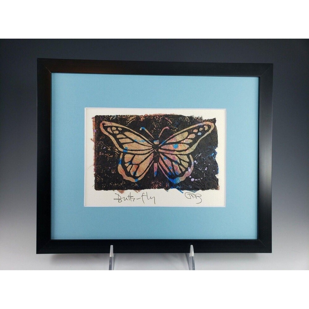 Original Signed Art Print Block Mixed Media Butterfly Blumhagen Salmonberry